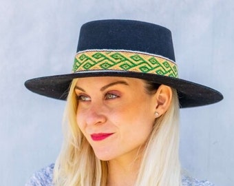 Black Bucket Alpaca Wool Hat | Medium Brim Bolero Boater Hat | Peruvian Artisan-made, sustainable Unisex Handmade Hat woven Textile Band