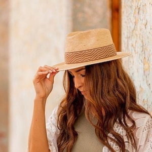 Fedora Palm Leaf Hat | Short Brim Straw Hat | Guatemalan Unisex Handmade Summer Hat with woven Textile Hat Band | Sustainable Sun Beach Hat