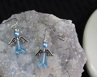 Baby Blue Swarovski Crystal Angel Earrings, Antique Silver Wings