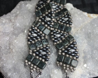 Square Snake Design/Slate Tiles/Slate & Gray Duos/Gray Seed bead/Hand Beaded/ Bracelet/Gift/Special occasion/Affordable/Comfort #1