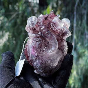 May include: A clear glass heart sculpture with a purple tint and a textured surface. The heart is held in a gloved hand.