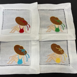 Cocktail Napkin, Bar Cart Napkin, Linen Hemstitch Cocktail Napkin, Embroidered Beverage Napkin, Beach Lady Cocktail Napkin, Linen Coaster