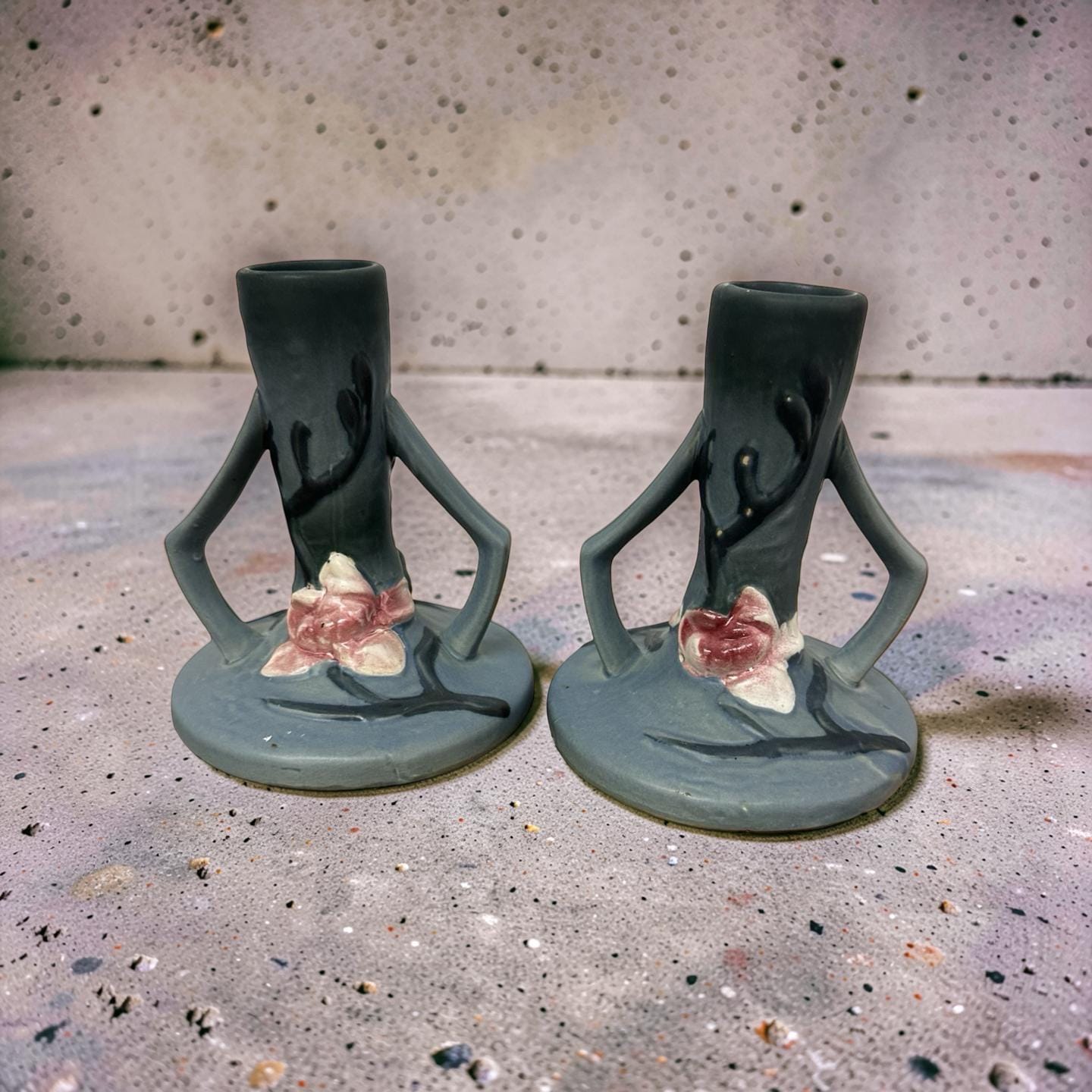 Vintage Roseville Pottery Candlestick Pair Blue Gray Floral Art Pottery Candle Holders Ohio USA Mid Century Ceramic Decor