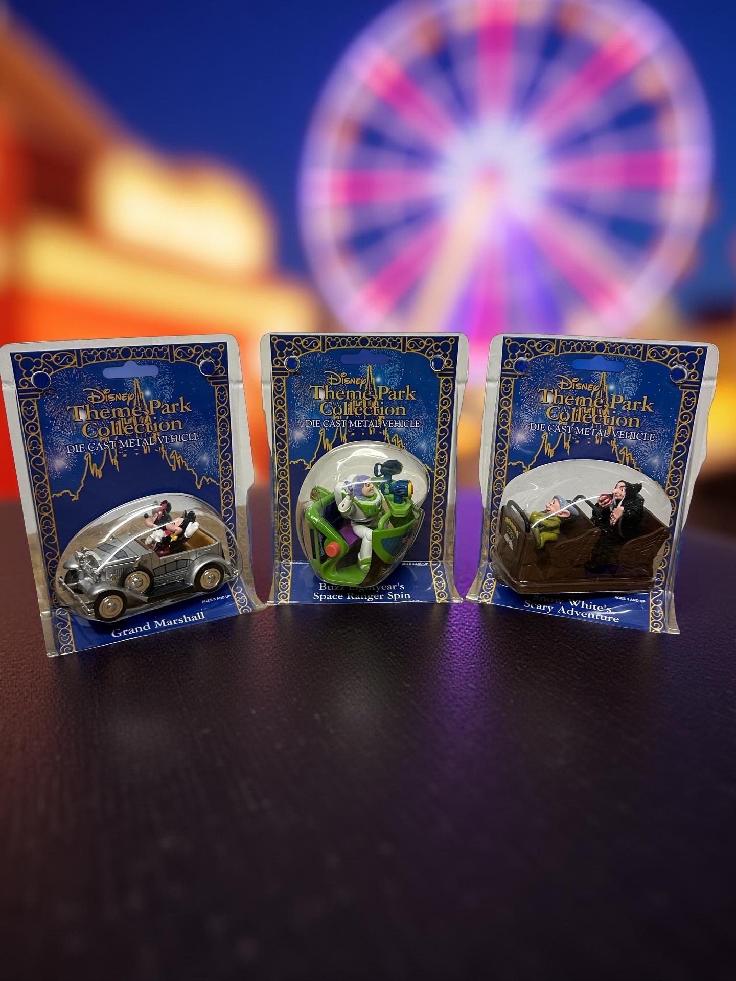 Vintage Disney Theme Park Die Cast Vehicles Set of 3 – Grand Marshall Mickey & Minnie, Buzz, Snow White