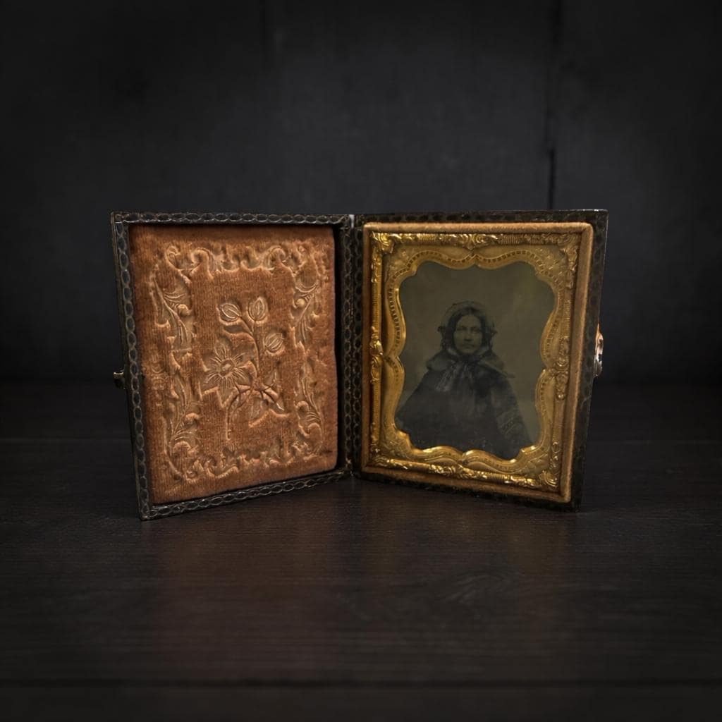 Antique Ambrotype Portrait Woman Gilt Frame Leather Case c1850s