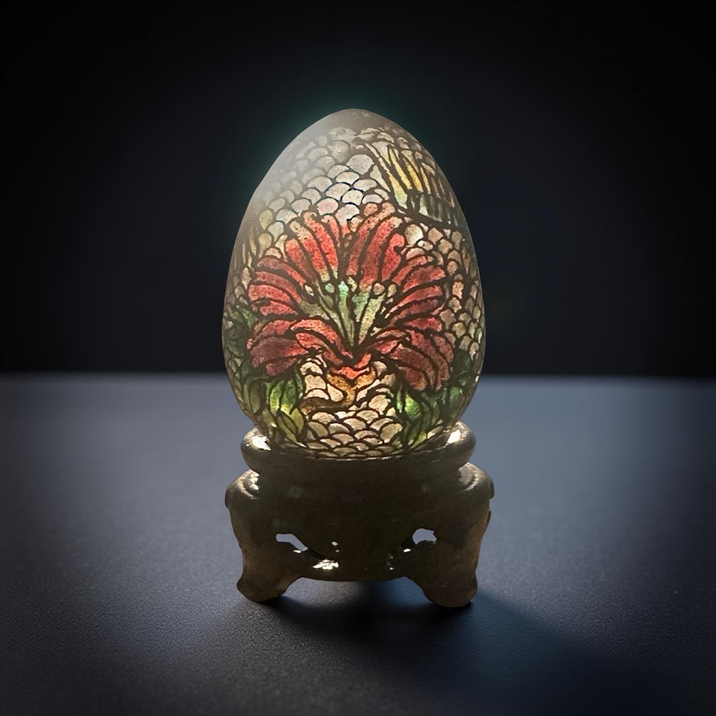 Plique a Jour Enamel Egg, Floral Stained Glass Style Decor