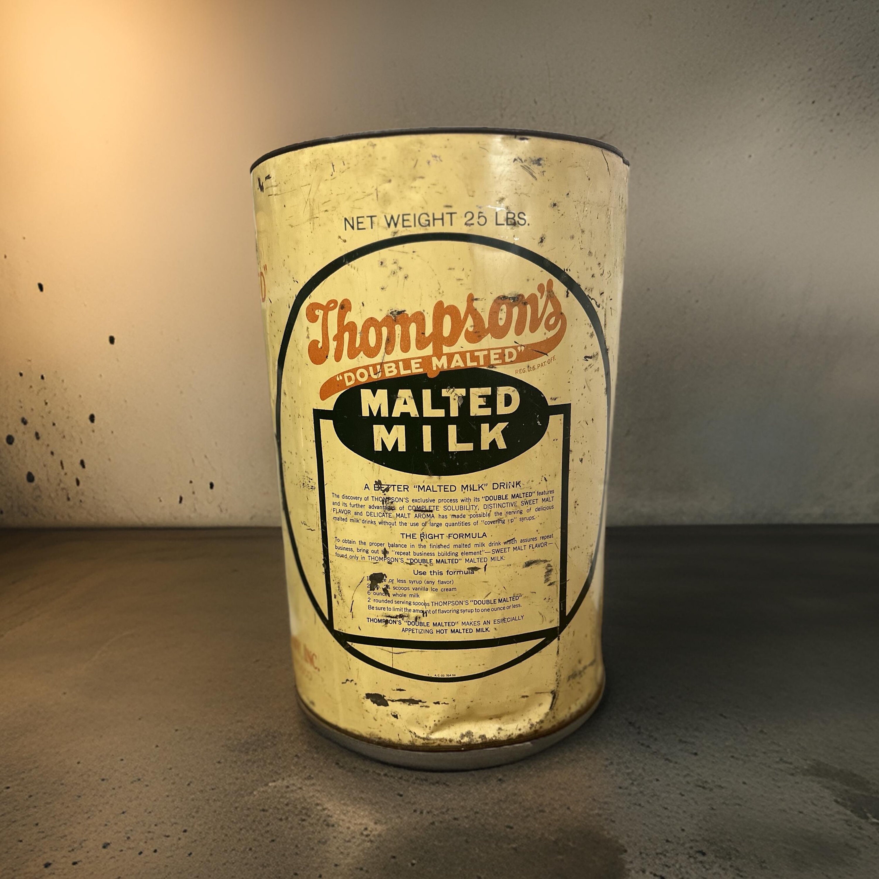 Vintage Thompson’s Double Malted Milk 25 lb Tin – Antique 1950s Advertising Collectible