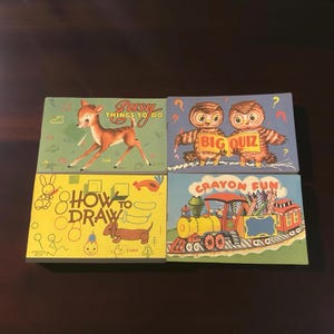 Vintage Activity Book Set – 1950s How to Draw, Big Quiz, Easy Things To Do, Crayon Fun – Mid Century Kids Ephemera