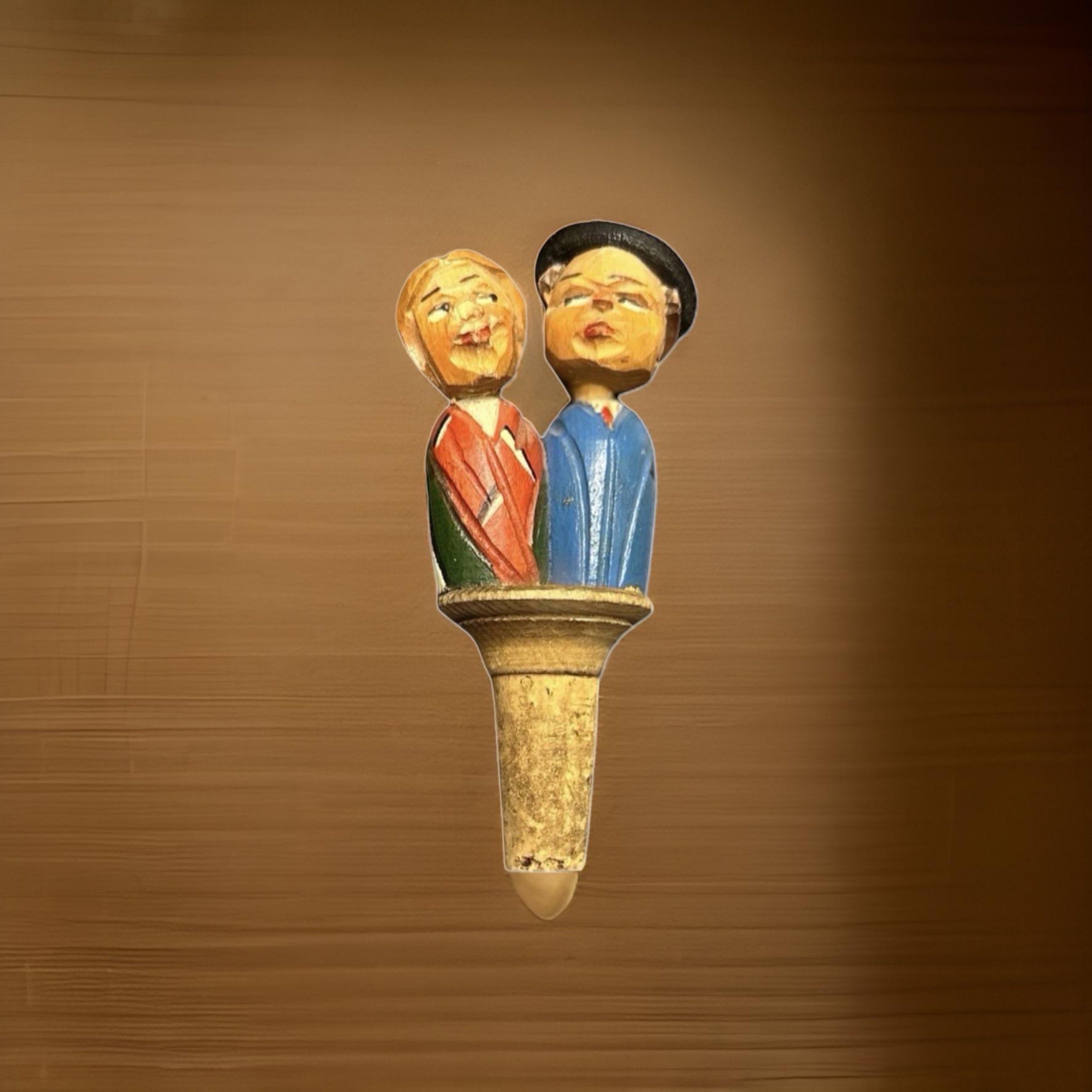 Vintage Wooden Kissing Couple Bottle Topper
