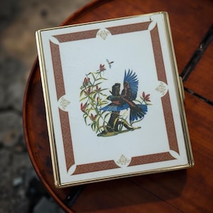 Vintage 1950s Gold‑Tone Enamel Bird Cigarette Case • Mid‑Century Engine‑Turn Interior, Art Deco Charm
