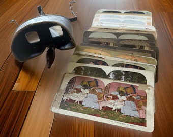 Estereoscópio Underwood & Underwood antigo com 45 cartões Stereoview - item colecionável raro