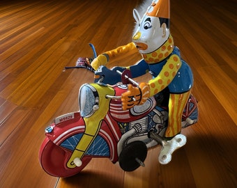 Vintage HA HA TOY Clown Riding Motorcycle Wind-Up Toy - Collectible, Made in Japan, Working Condition - #0309