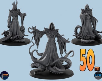 May include: Three gray 3D printed miniature figures of hooded figures with tentacles. The figures are 50 mm tall and are posed in different stances. The figures are on a gray background.