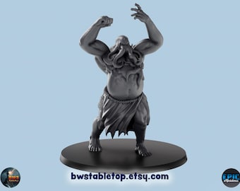 May include: A gray miniature figure of a muscular humanoid with tentacles on its head, raising its arms. The figure is wearing a loincloth and stands on a black circular base. The Etsy shop URL is visible at the bottom.