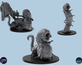 May include: Three gray 3D printed miniatures of a worm-like creature with a large mouth and segmented body. The creature is shown in three different poses: standing upright, lying on its side, and pulling a cart.