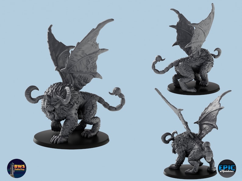 May include: A gray, detailed miniature of a winged lion with a scorpion tail. The miniature is posed in a standing position with its wings spread out.