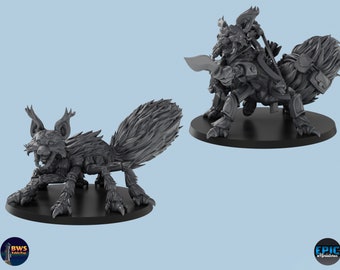 May include: Two miniature figures, one a furry creature with a long tail and the other a warrior riding the creature. Both figures are painted in a gray color.