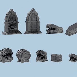 Dungeon Mimic Set 3D Printed Tabletop Resin Miniatures D&D Book, Coffin, Chest, Barrel, Door