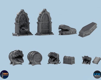 Dungeon Mimic Set | Book, Coffin, Chest, Barrel, Door |  3D Printed Tabletop Resin Miniatures | D&D TTRPG