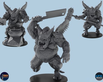 May include: A collection of gray miniature fantasy figures. One figure holds a cleaver, another a hammer, and a third is reading a book. The figures have horns, wings, and armor, and are posed on black bases. The figures are designed for tabletop gaming.