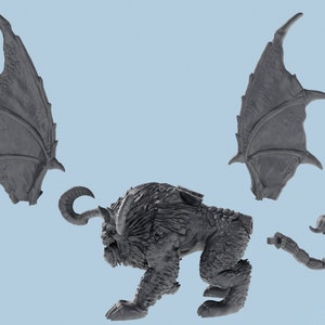 May include: A gray, detailed, 3D printed miniature of a mythical creature with wings, horns, and a scorpion tail. The creature is posed in a crouching position, ready to attack.