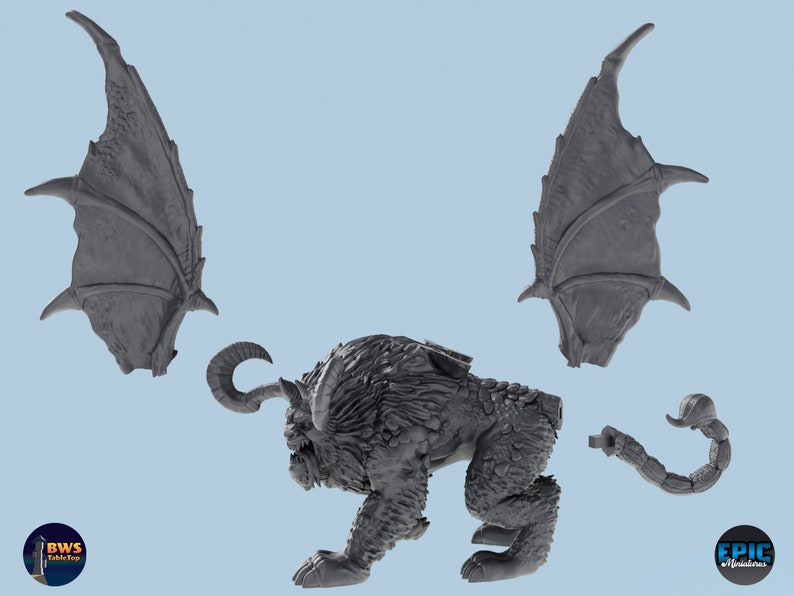 May include: A gray, detailed, 3D printed miniature of a mythical creature with wings, horns, and a scorpion tail. The creature is posed in a crouching position, ready to attack.