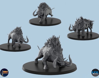 May include: Four miniature grey boar figures with detailed sculpting, including horns, tusks, and fur. The boars are posed in different stances, including charging and standing. The figures are on black circular bases.