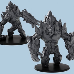 May include: A gray, rock-like creature with a jagged, crystalline body. The creature has two large, clawed hands and is standing on a black base.