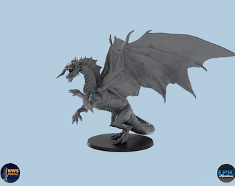 May include: A gray dragon miniature with wings spread wide, standing on a black base. The dragon has a long tail and sharp claws.