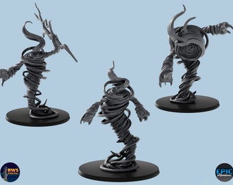 May include: A gray, swirling, miniature figure of a tornado with a pointed top and clawed hands. The figure is standing on a black base.