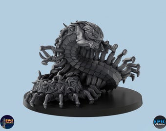 May include: A gray 3D printed miniature of a multi-legged creature with a segmented body and multiple eyes. The creature has a menacing expression and appears to be curled up in a defensive posture.