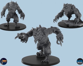 Könnte beinhalten: Drei graue, detaillierte Miniaturfiguren einer Kreatur mit einem wolfartigen Kopf und eulenartigen Flügeln. Die Figuren sind in verschiedenen Posen dargestellt, eine steht aufrecht, eine hockt und eine befindet sich in einer Schrittposition. Die Figuren sind aus glattem, grauem Kunststoff gefertigt und haben eine strukturierte Oberfläche.