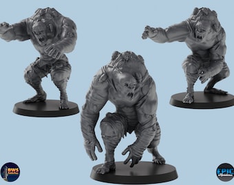 May include: Three gray, detailed, miniature figures of a monstrous creature with multiple eyes and a gaping maw. The figures are posed in different stances, with one reaching out with its right arm, one crouching with its arms raised, and one standing with its arms at its sides. The figures are all on black circular bases.