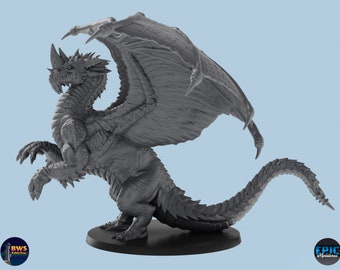 May include: A gray, detailed dragon miniature with wings spread wide, standing on a black base. The dragon has a long, pointed tail and sharp claws.