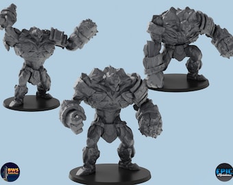 May include: Three gray, stone-like figures with detailed sculpting. The figures are standing on black bases. The figures are all in a fighting pose with their arms raised.