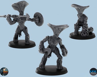 May include: Three gray, detailed miniature figures of a creature with a mushroom-like head and a tree-like body. The figures are posed in different stances, holding weapons and shields.