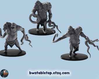 May include: Three gray monster figurines with multiple arms and tentacles, standing on black circular bases. The monsters have two heads and are in different poses. The Etsy shop name "bwstabletop.etsy.com" is visible at the bottom.