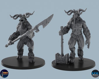 May include: Two gray 3D printed miniatures of a minotaur, one holding a spear and the other holding a hammer. The miniatures are on black bases.