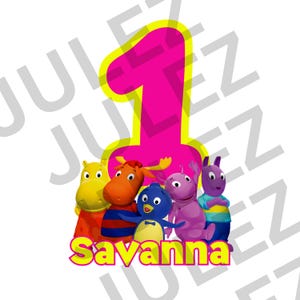 May include: A vibrant graphic with the number 1 in pink with a yellow outline, and a group of cartoon characters. The word "Savanna" is written in yellow and pink below the characters. The image is designed for a birthday celebration.