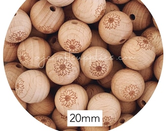 Premium Engraved Beech Wooden Beads - SUNFLOWER - Pack of 5 | 20mm Round | Top Quality | Original Bead Supplies Australia | Flower Floral
