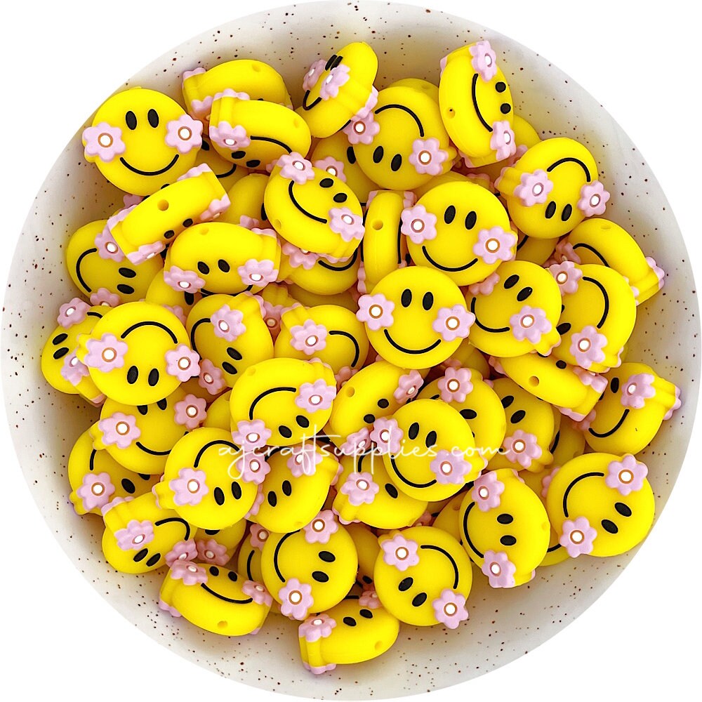 2x Retro PINK Happy Face Silicone Focal Beads, 25mm Floral Flower