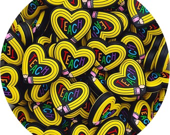 2x Teach Pencil Love Heart Silikon Focal Pärlor - Hantverksmaterial DIY Lärarens Dag Snodd Nyckelringar Presentkit