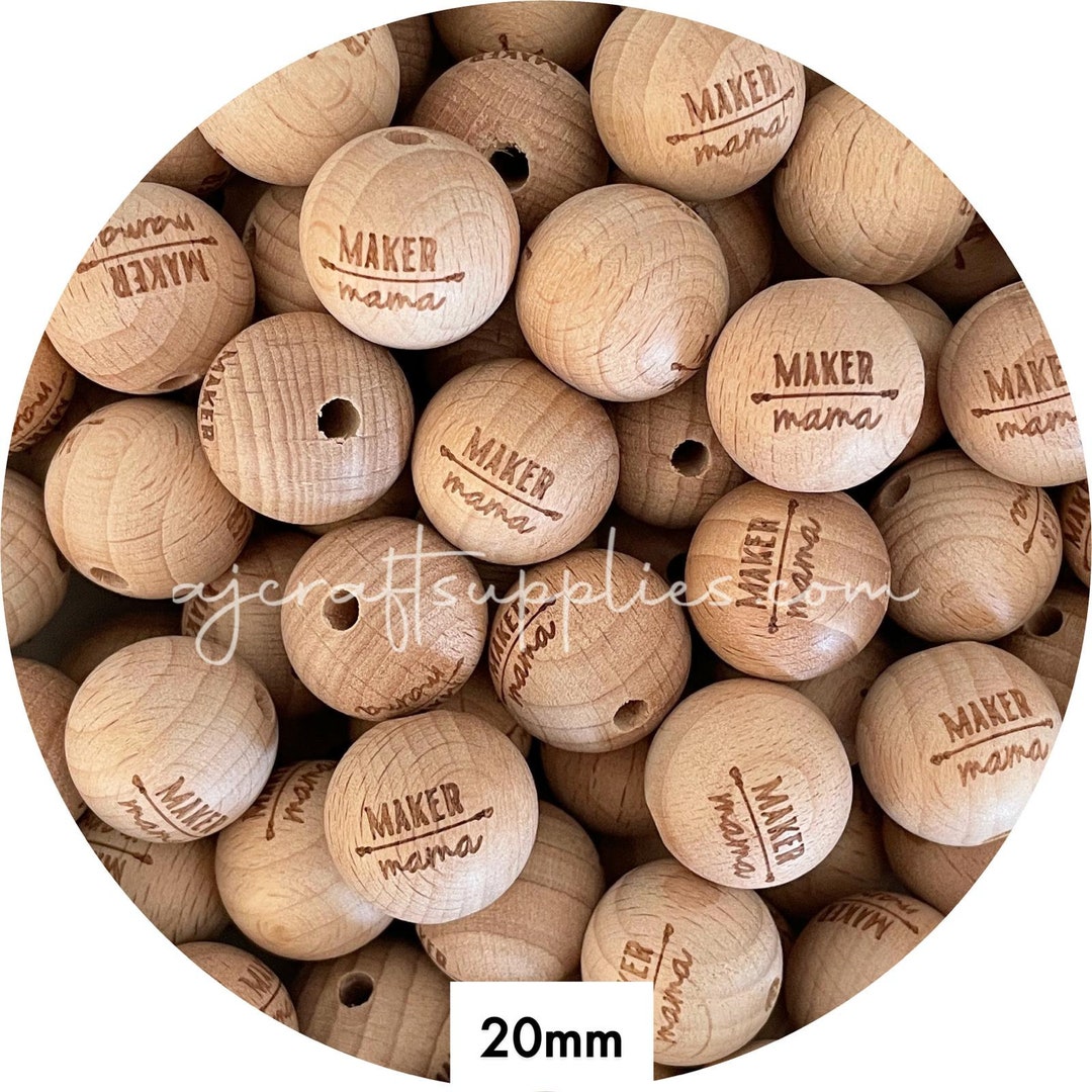 5x 20mm Engraved Beech Wood Beads MAKER MAMA Crafting Kit Bead Supplies