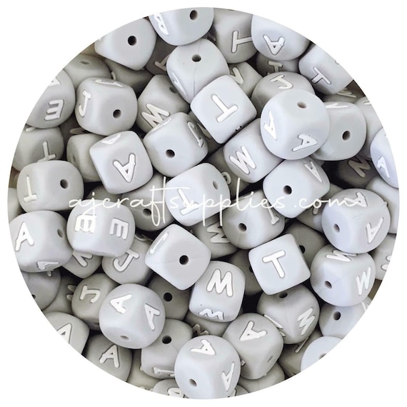 12mm Silicone Letter Beads LIGHT GREY Mixed Pack of 50 , Premium Quality ,  Food Grade , Bead Supplies Australia , Alphabets Cube Square 