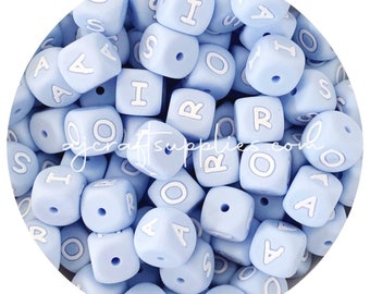 12mm Silicone Letter Beads - PASTEL BLUE - Mixed Pack of 50 , Premium Quality , Food Grade , Bead Supplies Australia , Alphabets Cube Square