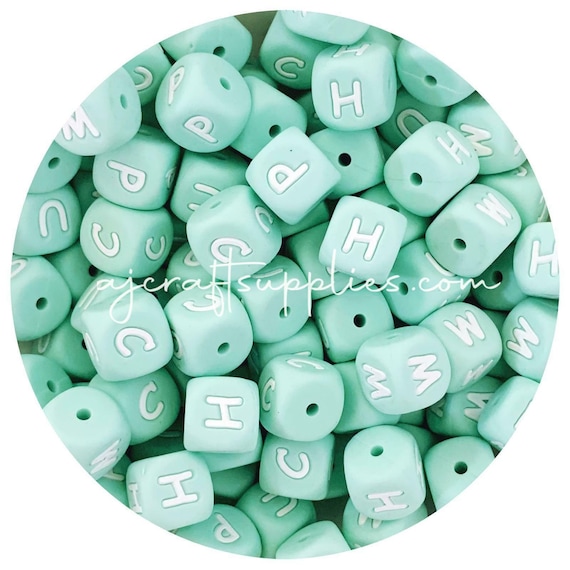 12mm Silicone Letter Beads MINT GREEN Mixed Pack of 50 , Premium Quality ,  Food Grade , Bead Supplies Australia , Alphabets Cube Square 