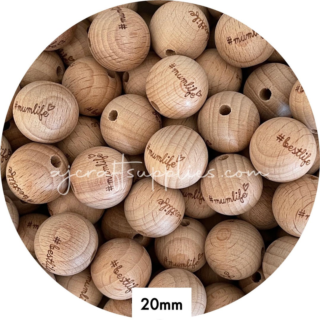 Premium Engraved Beech Wooden Beads MUMLIFE BESTLIFE 5 Beads , 20mm