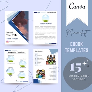 Könnte beinhalten: Ein minimalistisches E-Book-Vorlagendesign in Blau und Weiß mit dem Text "Canva Minimalist Ebook Templates 15+ Customizable Sections".