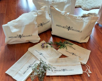 Full set of reusable cotton totes and produce bags