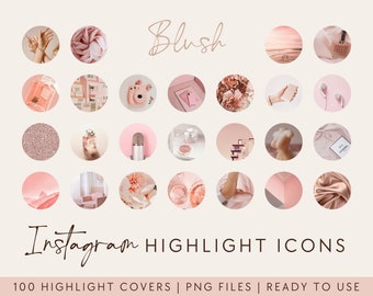 Pode incluir: Um conjunto de 25 ícones de destaque do Instagram em rosa e ouro rosa. Os ícones apresentam várias imagens, incluindo flores, maquiagem e acessórios de moda. O texto "Blush" e "Instagram Highlight Icons" é exibido na parte superior e inferior da imagem.